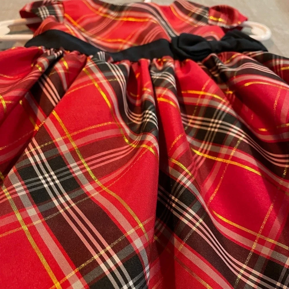 Infant Holiday Red Plaid Dress with Black Bow